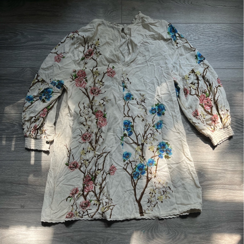 Superdry Long Sleeve Lightweight Embroidered Tree Bird Cream Blue Dress Size 12 - Picture 7 of 7